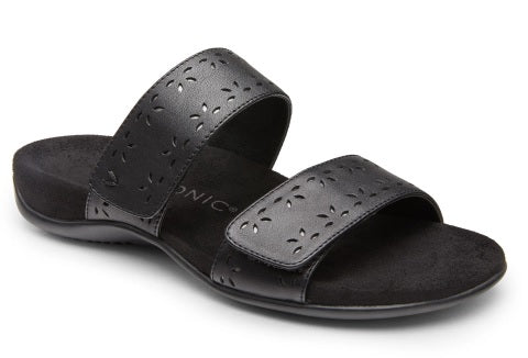 Vionic Black Leather Adjustable Slip-On Sandal